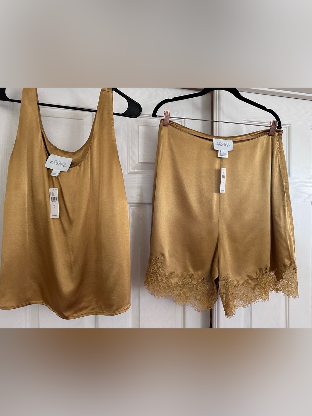 NWT Anthropologie Mare Mare Gold Silky Lace-Trim Camisole & Shorts Set